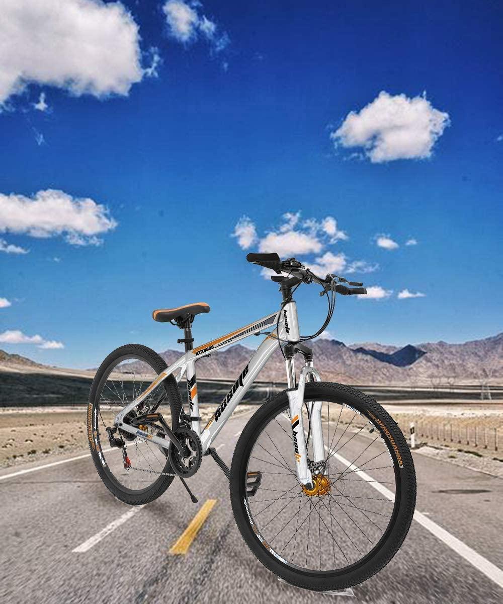 26 Inch Mountain Bikes, 21 Speed Suspension Fork MTB, High-Tensile Carbon Steel Frame Mountain Bicycle with Dual Disc Brake for Men and Women