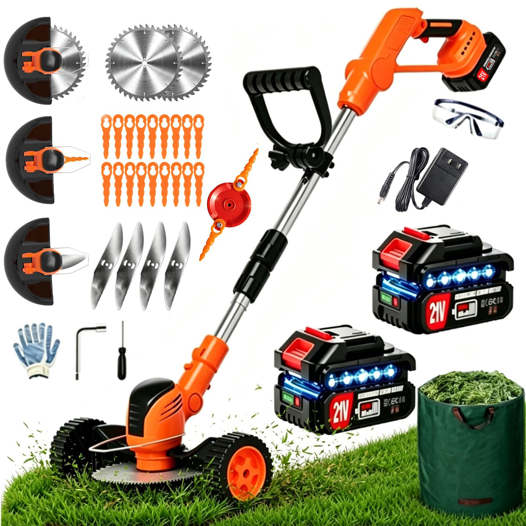 Cordles Weed Wacker, 21V Electric Weed Eater Battery Powered, No String Trimmer with Wheels &amp; Metal Blades, Lightweight Grass Trimmer/Lawn Edger/Brush Cutter, Stringless Weed Trimmer for Yard Garden