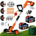 Cordles Weed Wacker, 21V Electric Weed Eater Battery Powered, No String Trimmer with Wheels &amp; Metal Blades, Lightweight Grass Trimmer/Lawn Edger/Brush Cutter, Stringless Weed Trimmer for Yard Garden