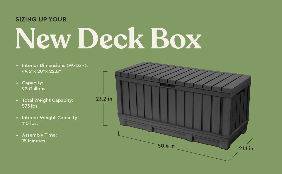 Kent92 Gallon Resin Deck Box-Organization and Storafor Patio Furniture Outdoor Cushions, Throw Pillows, Garden Tools and Pool Floats, Dark Grey