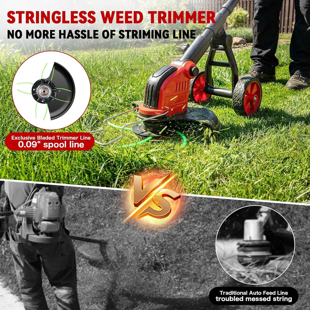 20000 RPM Electric Weed Wacker with Wheel,12″ Brushless Cordless Weed Eater Battery Powered, 4-in-1 Brush Cutter/String Trimmer/Grass Edger Tool/Lawn Mower, Stringless Weed Trimmer,5 Blade,2 Battery