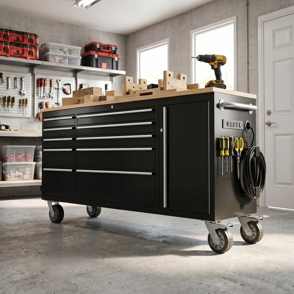 72" Rolling Tool Chest, Heavy-Duty Tool Box with Power Outlet, Tool Cabinet with 10 Drawers, Rubber Workbench with Key LocSystem Drawer Liners for GaraWarehouse Repair Shop