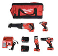 milwaukee m18 18v cordless lithium-ion 4-tool kit (drill/driver, recip saw, impact driver, light) 2696-24 with 3ah battery, charger, &amp; bag