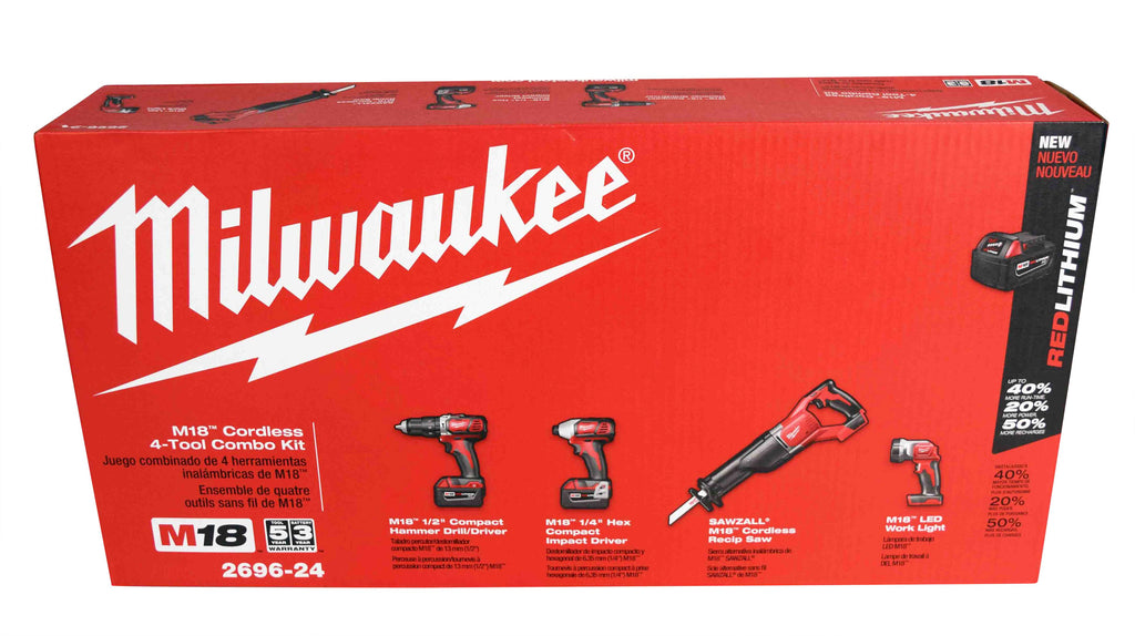 milwaukee m18 18v cordless lithium-ion 4-tool kit (drill/driver, recip saw, impact driver, light) 2696-24 with 3ah battery, charger, &amp; bag