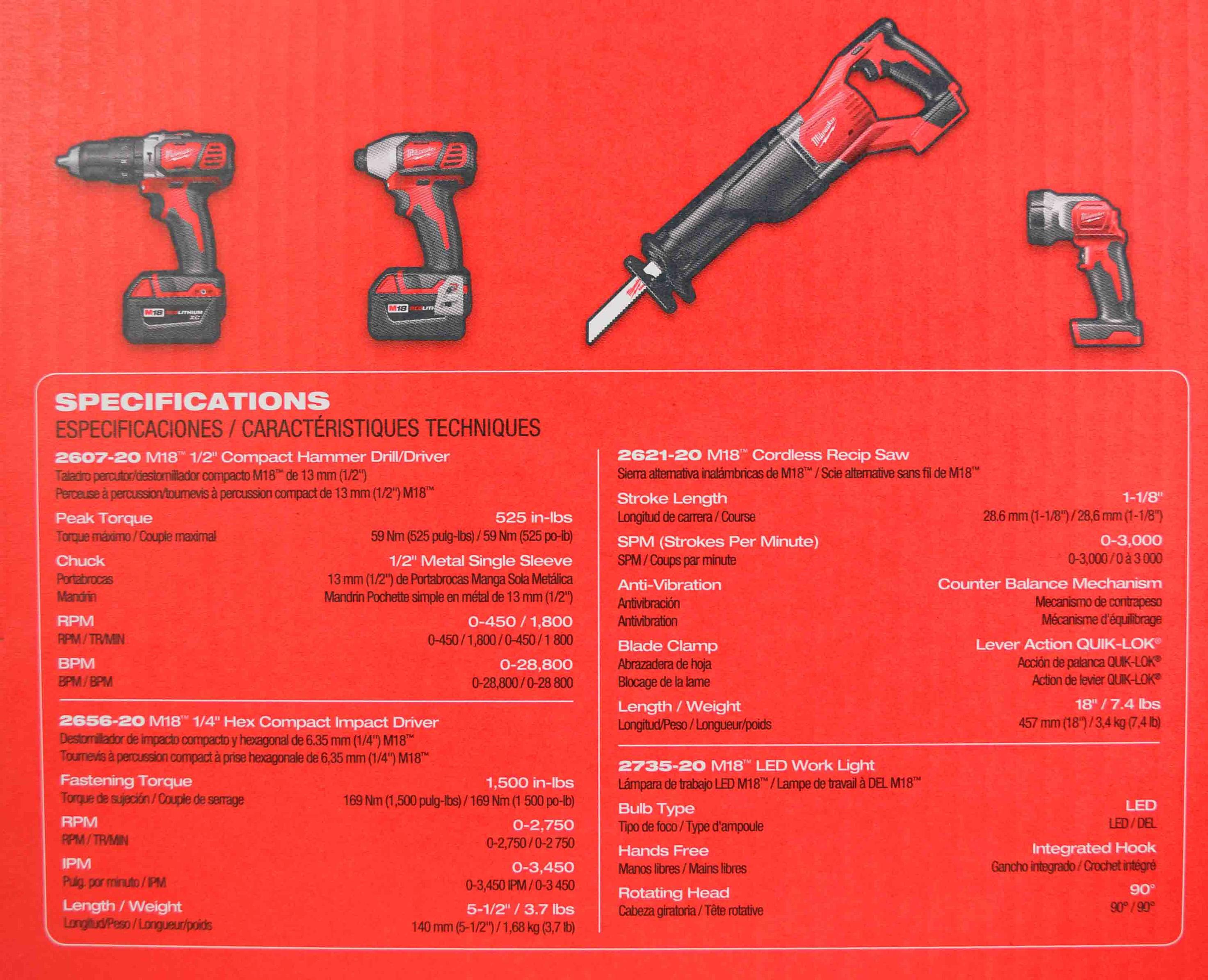 milwaukee m18 18v cordless lithium-ion 4-tool kit (drill/driver, recip saw, impact driver, light) 2696-24 with 3ah battery, charger, &amp; bag