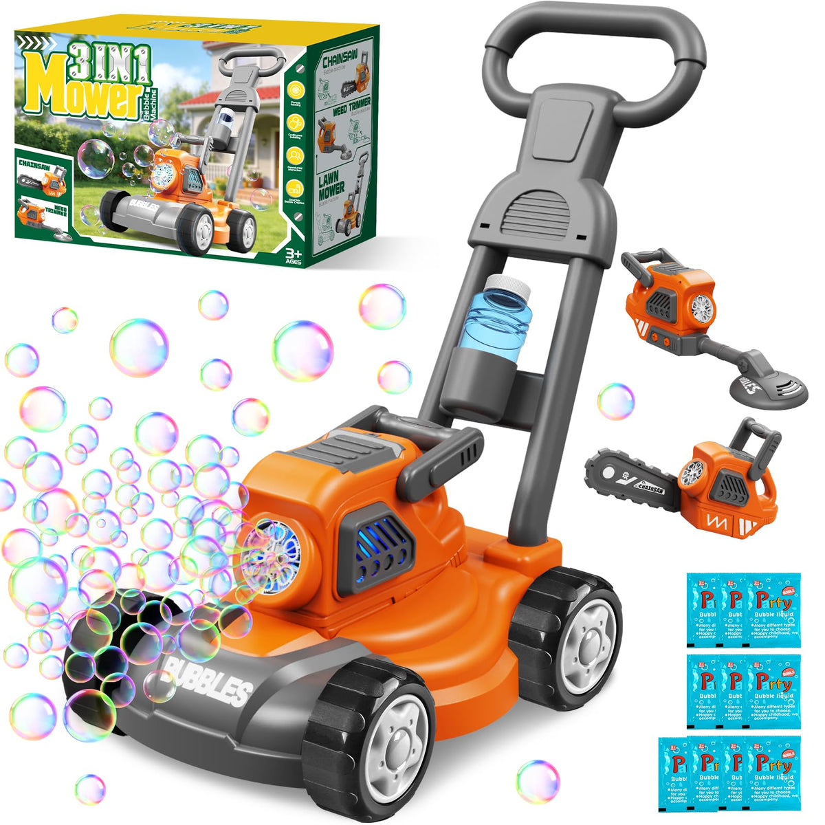 Bubble Lawn Mower for Kids,3-in-1 Bubble Machine Blower Toy Ages 3-8 Oran| Automatic Bubble Blower,10 Solution Packs,Pretend Gardening Play,Push Toy for Toddlers,Summer Outdoor Gift for Boys and Girls