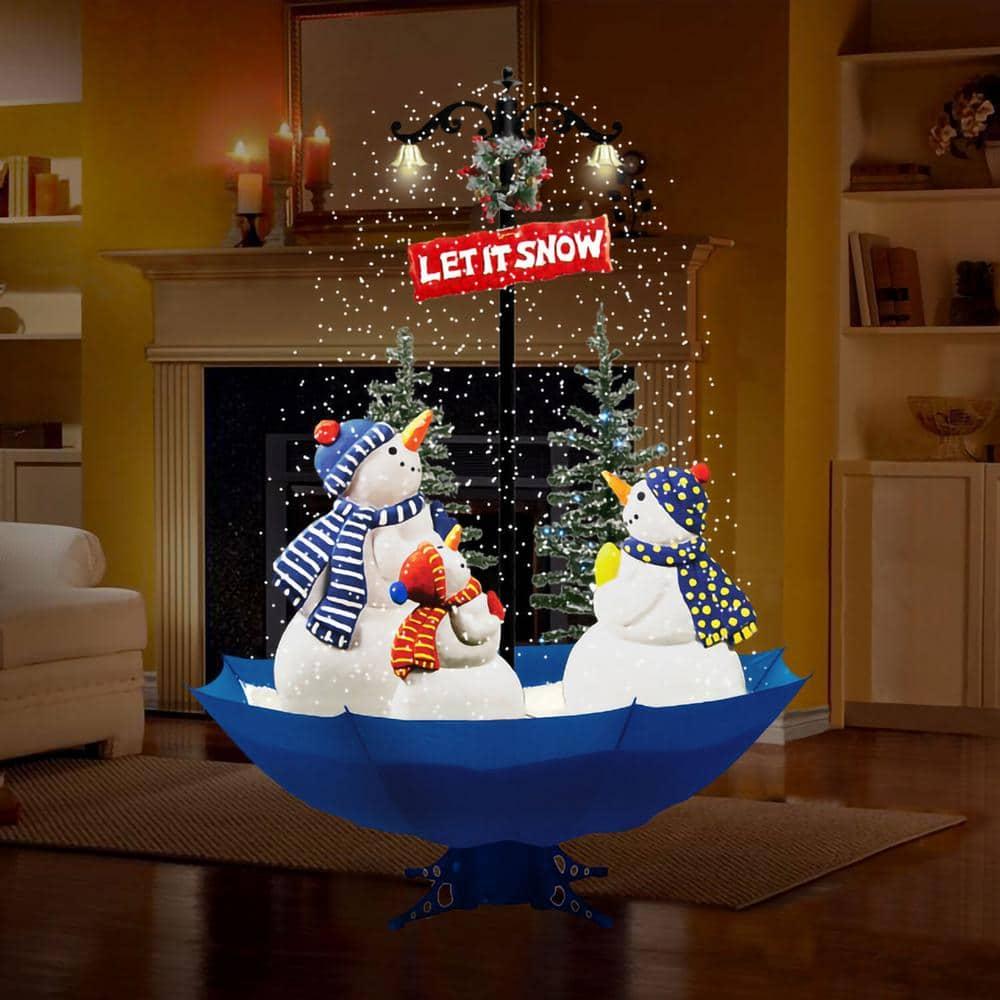 67 in. Christmas Musical Snowy Snow-Family Scene with Blue Umbrella Base
