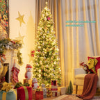7ft Pre-lit Artificial Hinged Pencil Christmas Tree Decorated Snow Flocked Tips