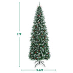 7ft Pre-lit Artificial Hinged Pencil Christmas Tree Decorated Snow Flocked Tips