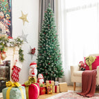 7ft Pre-lit Artificial Hinged Pencil Christmas Tree Decorated Snow Flocked Tips