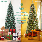7ft Pre-lit Artificial Hinged Pencil Christmas Tree Decorated Snow Flocked Tips
