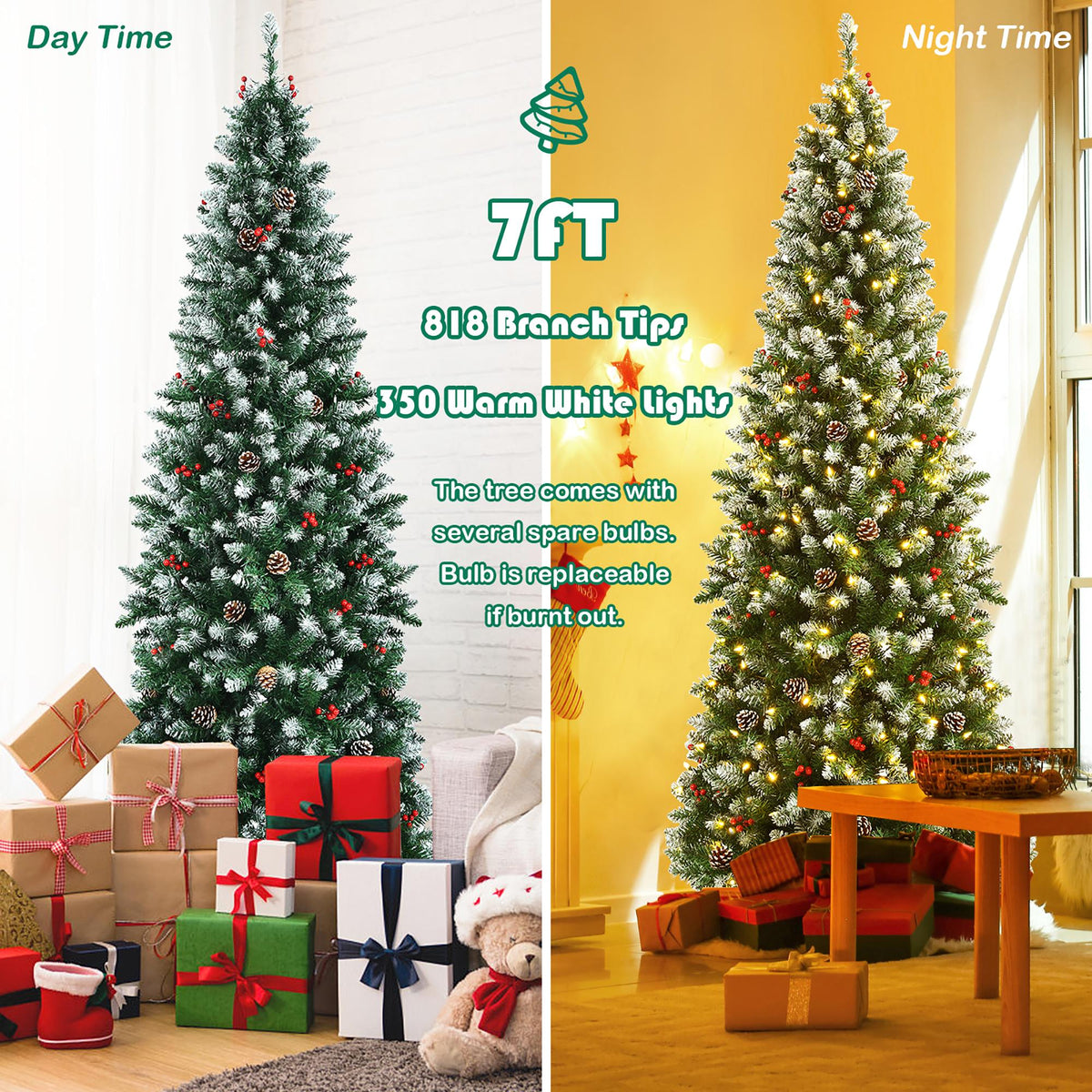 7ft Pre-lit Artificial Hinged Pencil Christmas Tree Decorated Snow Flocked Tips