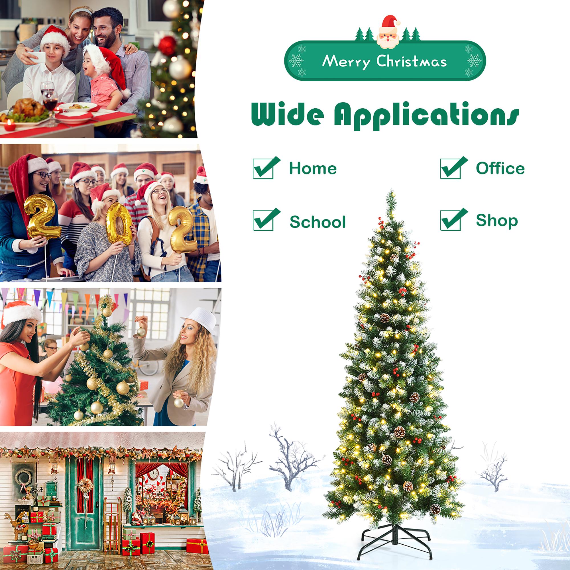 7ft Pre-lit Artificial Hinged Pencil Christmas Tree Decorated Snow Flocked Tips