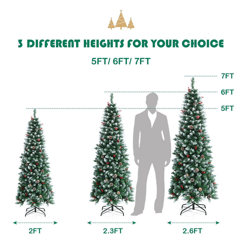 7ft Pre-lit Artificial Hinged Pencil Christmas Tree Decorated Snow Flocked Tips