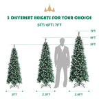 7ft Pre-lit Artificial Hinged Pencil Christmas Tree Decorated Snow Flocked Tips
