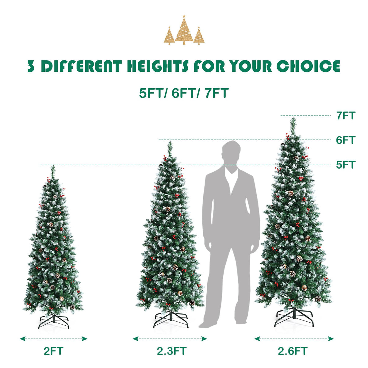 7ft Pre-lit Artificial Hinged Pencil Christmas Tree Decorated Snow Flocked Tips