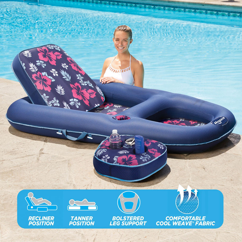 Aqua Leisure 2 in 1 Campania Convertible Pool Float Lounger with Drink Caddy, Navy Hibiscus, &amp; Luxury Water Reclining Lounger w/