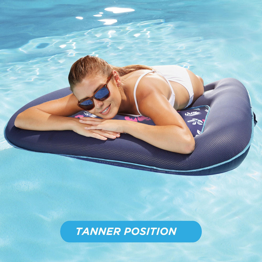 Aqua Leisure 2 in 1 Campania Convertible Pool Float Lounger with Drink Caddy, Navy Hibiscus, &amp; Luxury Water Reclining Lounger w/