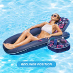 Aqua Leisure 2 in 1 Campania Convertible Pool Float Lounger with Drink Caddy, Navy Hibiscus, &amp; Luxury Water Reclining Lounger w/