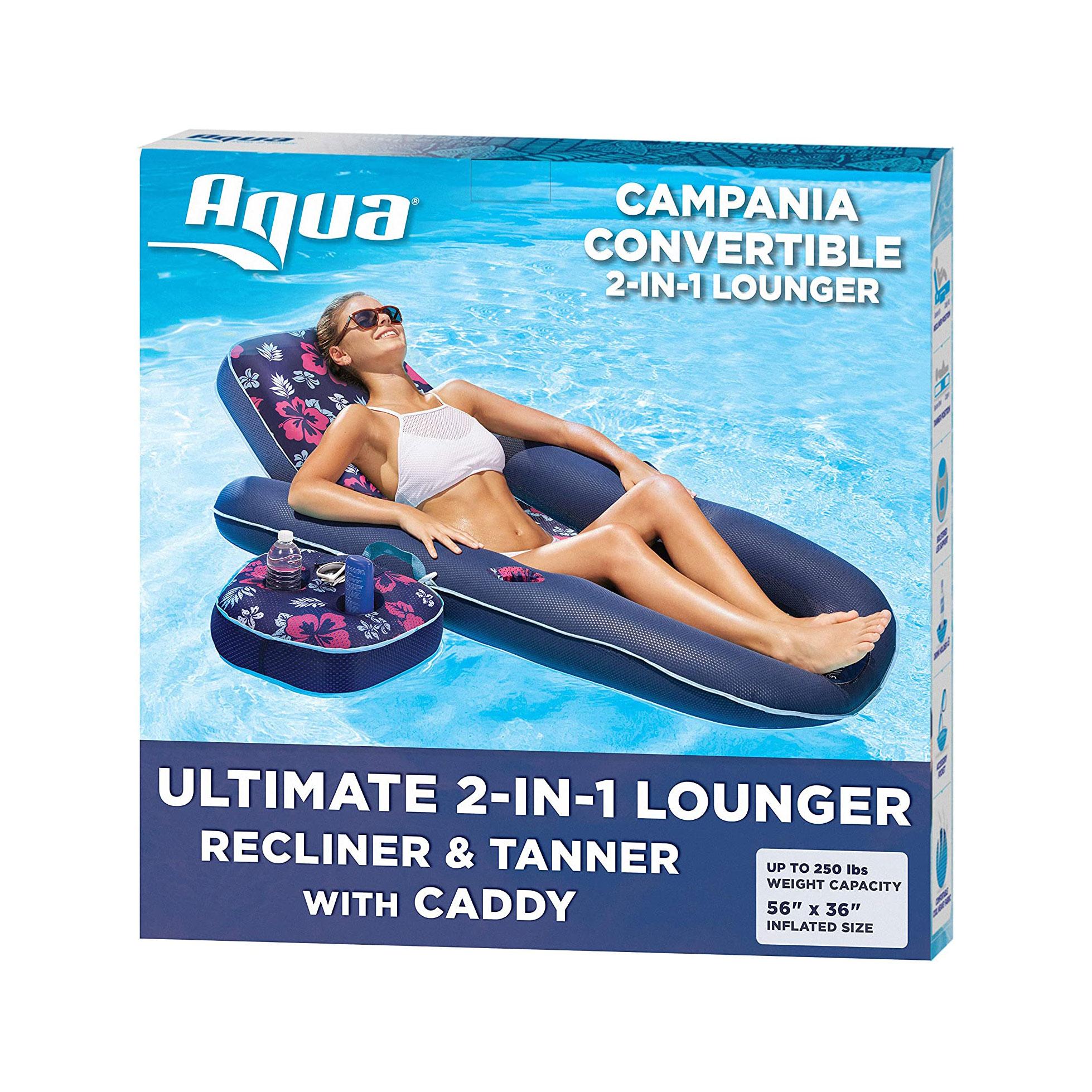 Aqua Leisure Campania 2 in 1 Convertible Inflatable Swimming Pool Lounger Floatation Chair, Set of 2, Floral &amp; Navy Hibiscus,