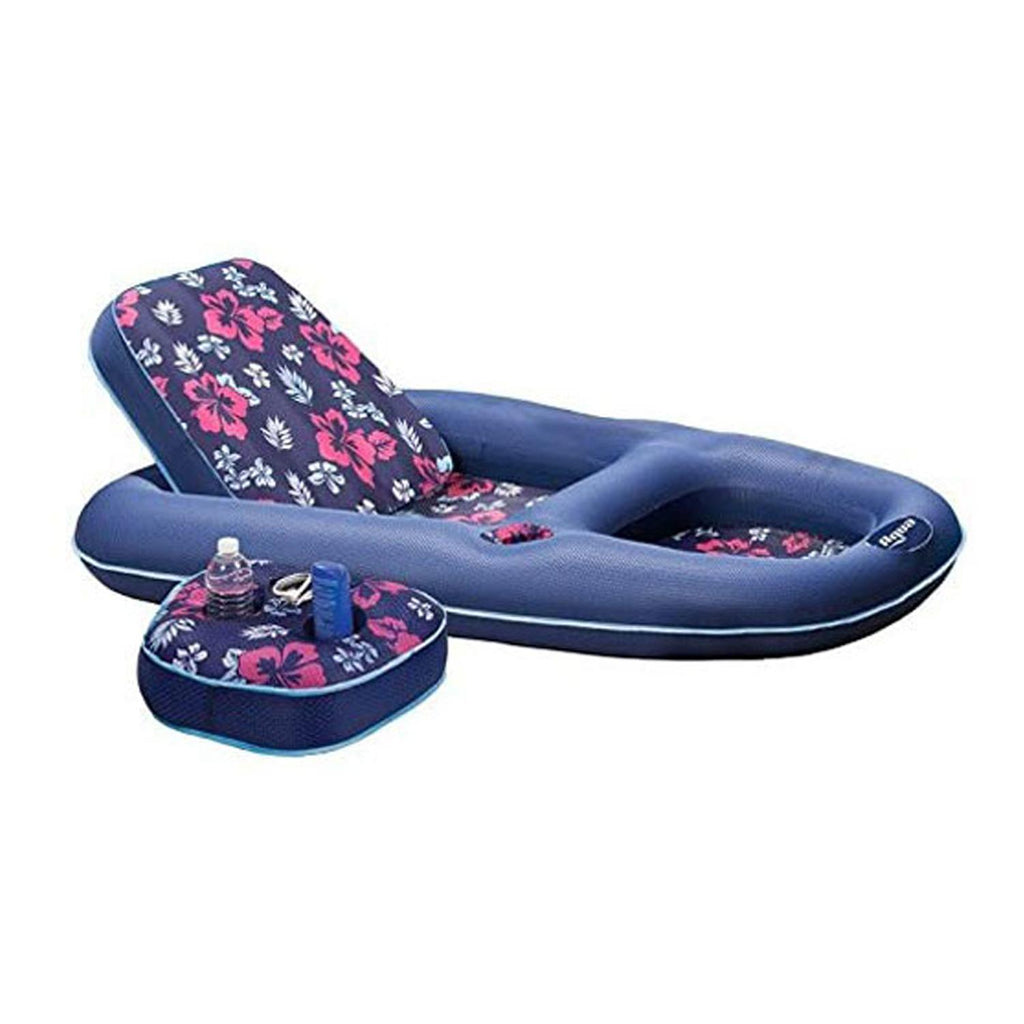 Aqua Leisure 2 in 1 Campania Convertible Pool Float Lounger with Drink Caddy, Navy Hibiscus, &amp; Luxury Water Reclining Lounger w/