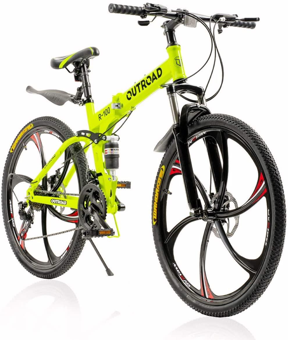 PanAme Folding Mountain Bikes, 21 Speed Shining SYS Double Disc Brake, Full Suspension 6-Spoke 26 Inches Anti-Slip Bicycle for Man/Woman/Teenager