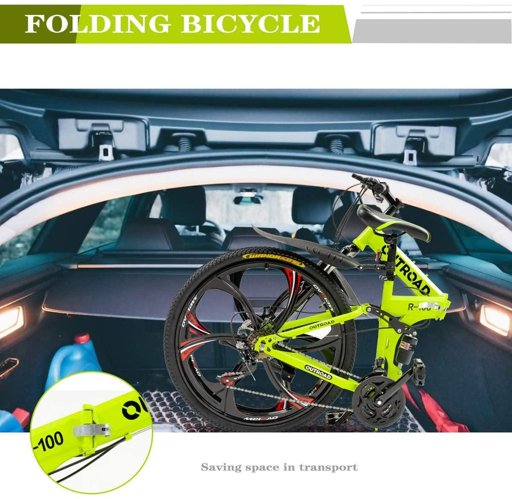 PanAme Folding Mountain Bikes, 21 Speed Shining SYS Double Disc Brake, Full Suspension 6-Spoke 26 Inches Anti-Slip Bicycle for Man/Woman/Teenager