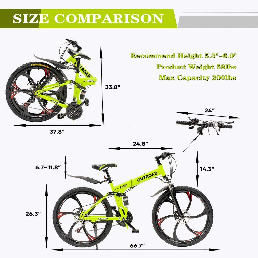 PanAme Folding Mountain Bikes, 21 Speed Shining SYS Double Disc Brake, Full Suspension 6-Spoke 26 Inches Anti-Slip Bicycle for Man/Woman/Teenager