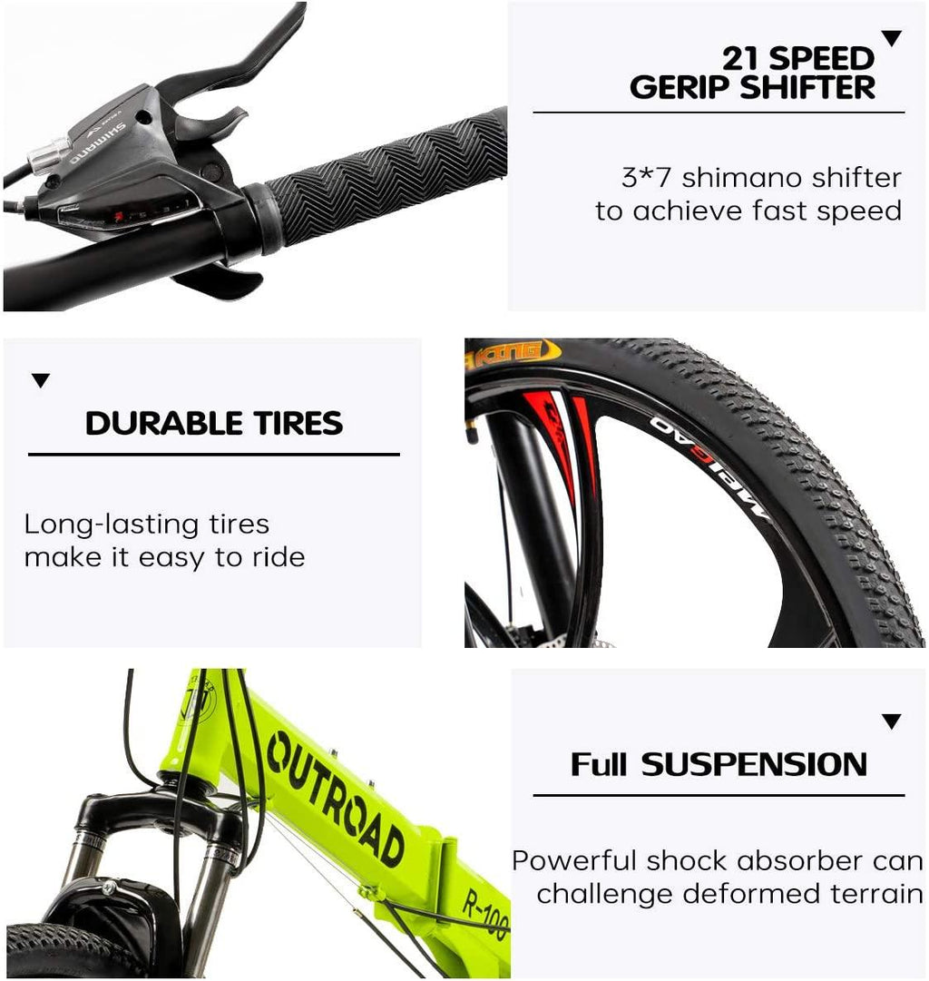 PanAme Folding Mountain Bikes, 21 Speed Shining SYS Double Disc Brake, Full Suspension 6-Spoke 26 Inches Anti-Slip Bicycle for Man/Woman/Teenager