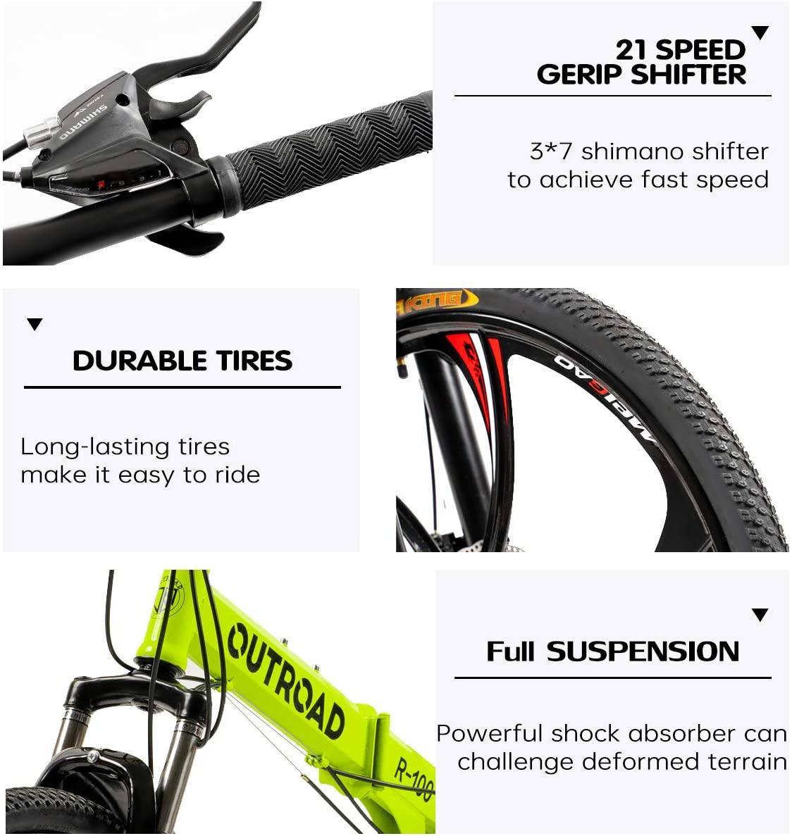 PanAme Folding Mountain Bikes, 21 Speed Shining SYS Double Disc Brake, Full Suspension 6-Spoke 26 Inches Anti-Slip Bicycle for Man/Woman/Teenager