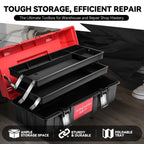 Tool Box Organizer Portable 3-layer Folding Toolbox with Non-slip Handle Tray for Garage, Workshop and On-the-Go Repairs, Red/Black