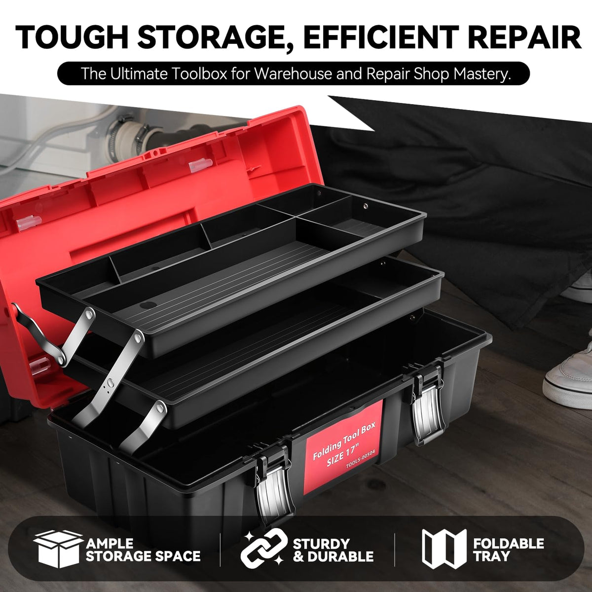 Tool Box Organizer Portable 3-layer Folding Toolbox with Non-slip Handle Tray for Garage, Workshop and On-the-Go Repairs, Red/Black