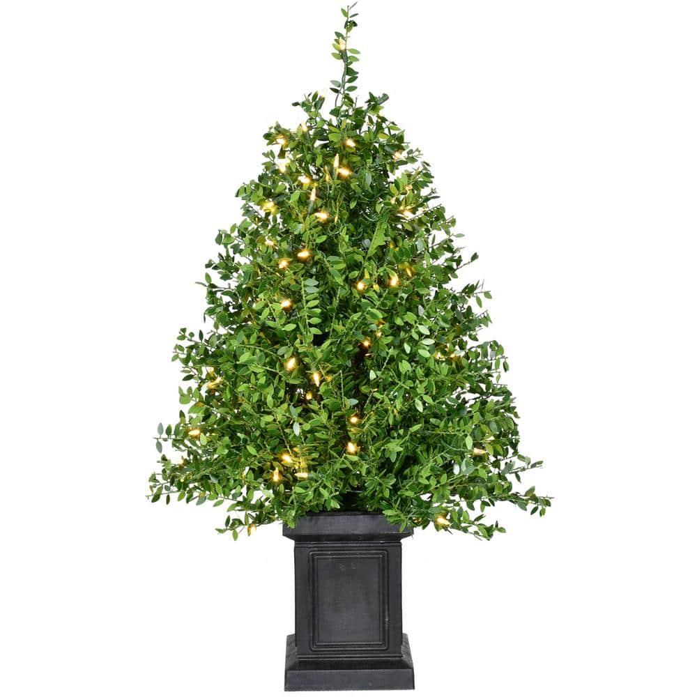 4 ft. Prelit Boxwood Artificial Porch Christmas Tree with Black Pot and Warm White Lights