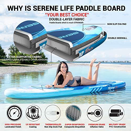 SereneLife Inflatable Stand Up Paddle Board (6 Inches Thick) with Premium SUP Accessories &amp; Carry Bag | Wide Stance, Bottom Fin