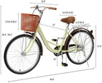 Viribus 24" or 26" Wheels Cruiser Bike, Single Speed Beach Comfortable Commuter Bicycle, High-Carbon Steel Frame, Front Basket &amp; Bell, Cream or Blue