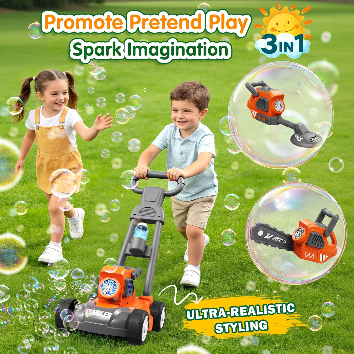 Bubble Lawn Mower for Kids,3-in-1 Bubble Machine Blower Toy Ages 3-8 Oran| Automatic Bubble Blower,10 Solution Packs,Pretend Gardening Play,Push Toy for Toddlers,Summer Outdoor Gift for Boys and Girls