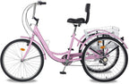 Adult Tricycles 7 Speed 24/26 Inch Three Wheel Bike Cruiser Trike with Low-Step Through Frame/LarBasket/Backrest Saddle for Men, Women, Seniors