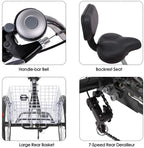 Adult Tricycles 7 Speed 24/26 Inch Three Wheel Bike Cruiser Trike with Low-Step Through Frame/LarBasket/Backrest Saddle for Men, Women, Seniors