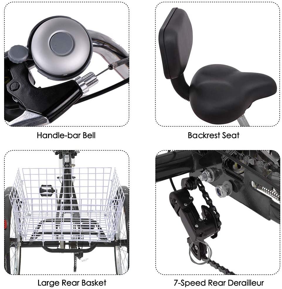 Adult Tricycles 7 Speed 24/26 Inch Three Wheel Bike Cruiser Trike with Low-Step Through Frame/LarBasket/Backrest Saddle for Men, Women, Seniors