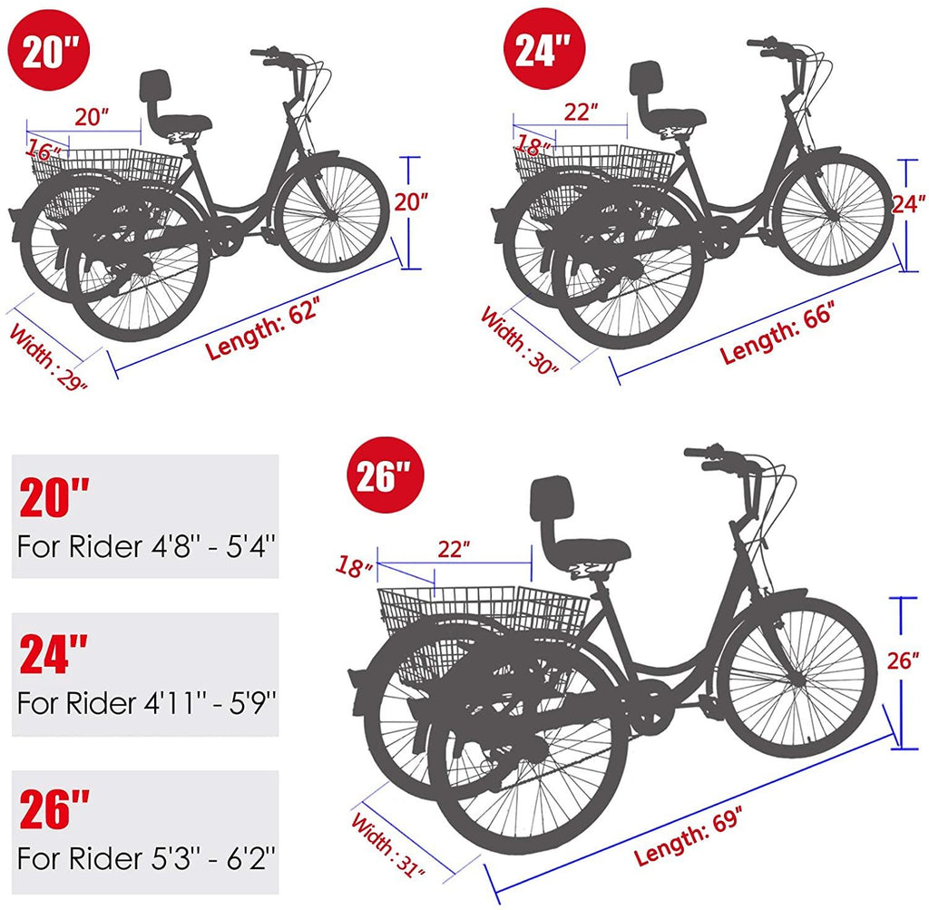 Adult Tricycles 7 Speed 24/26 Inch Three Wheel Bike Cruiser Trike with Low-Step Through Frame/LarBasket/Backrest Saddle for Men, Women, Seniors