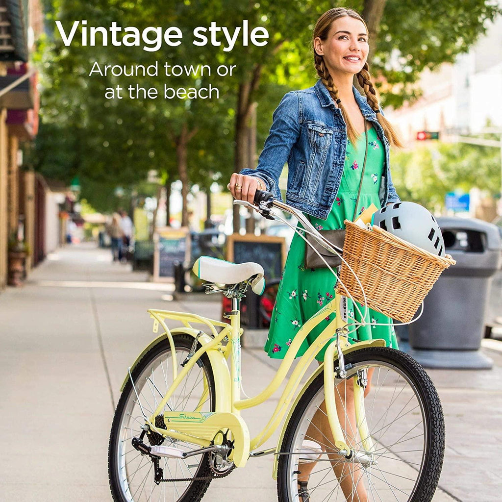 Schwinn Perla Womens Beach Cruiser Bike, 18-Inch Step Through Steel Frame, 7-Speed Drivetrain, Rear Rack, 26-Inch Wheels, Multiple Colors
