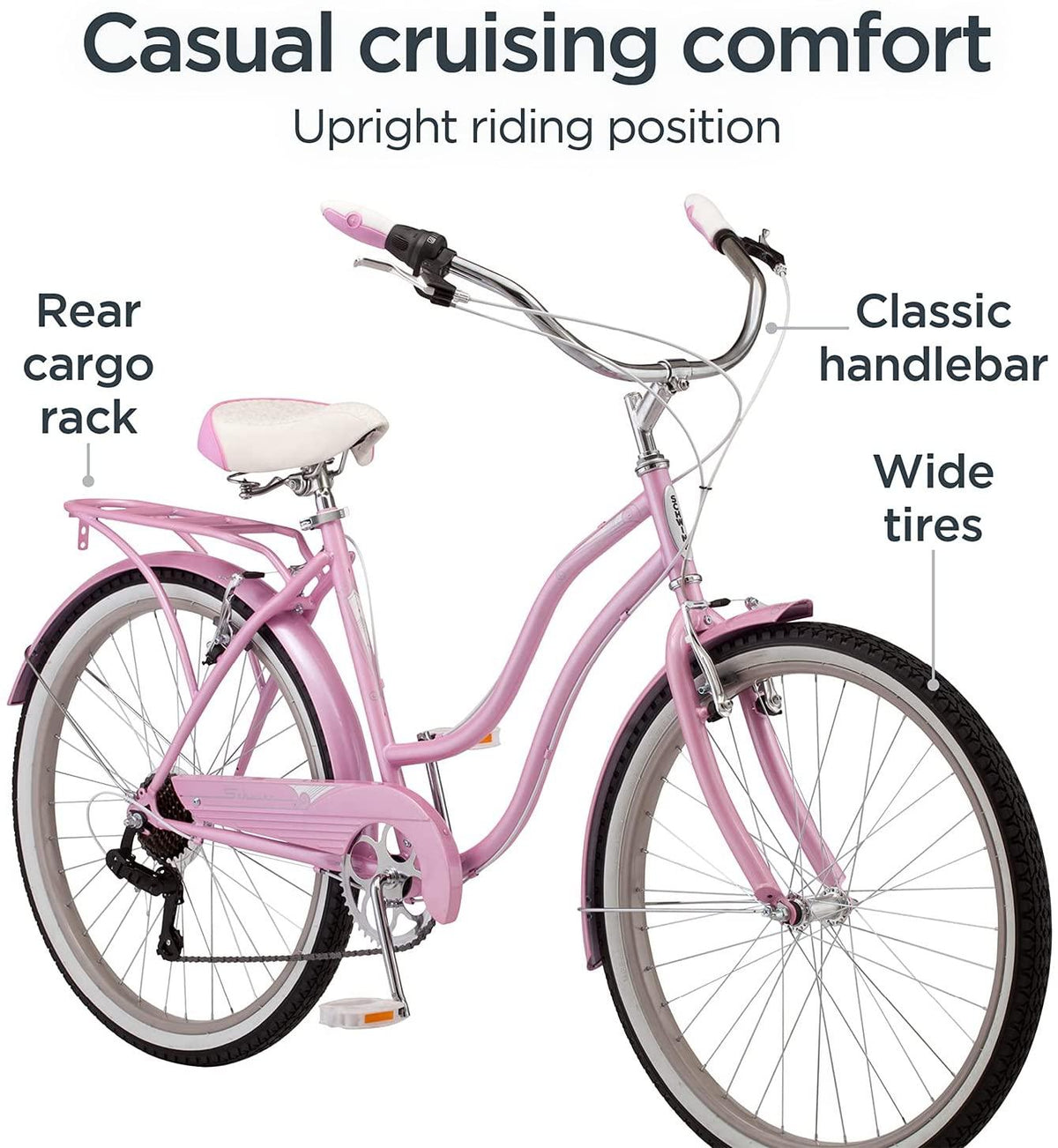 Schwinn Perla Womens Beach Cruiser Bike, 18-Inch Step Through Steel Frame, 7-Speed Drivetrain, Rear Rack, 26-Inch Wheels, Multiple Colors