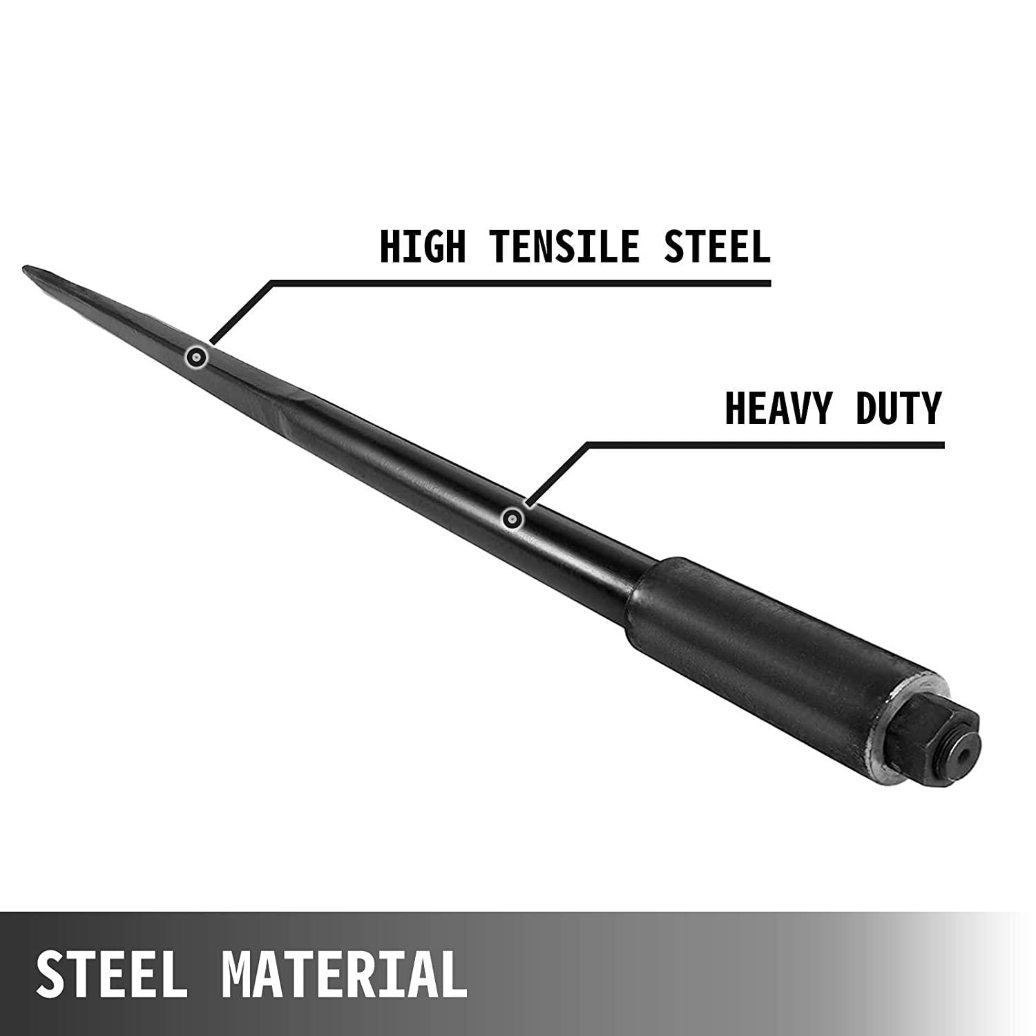 mophorn hay spears, 49inch hay bale spear, 3000lbs bale hay spike, 1.75inch wide spike fork tine, black coated hay spear attachment with sleeve and nut, 1 pair for tractors loaders buckets skid-steers
