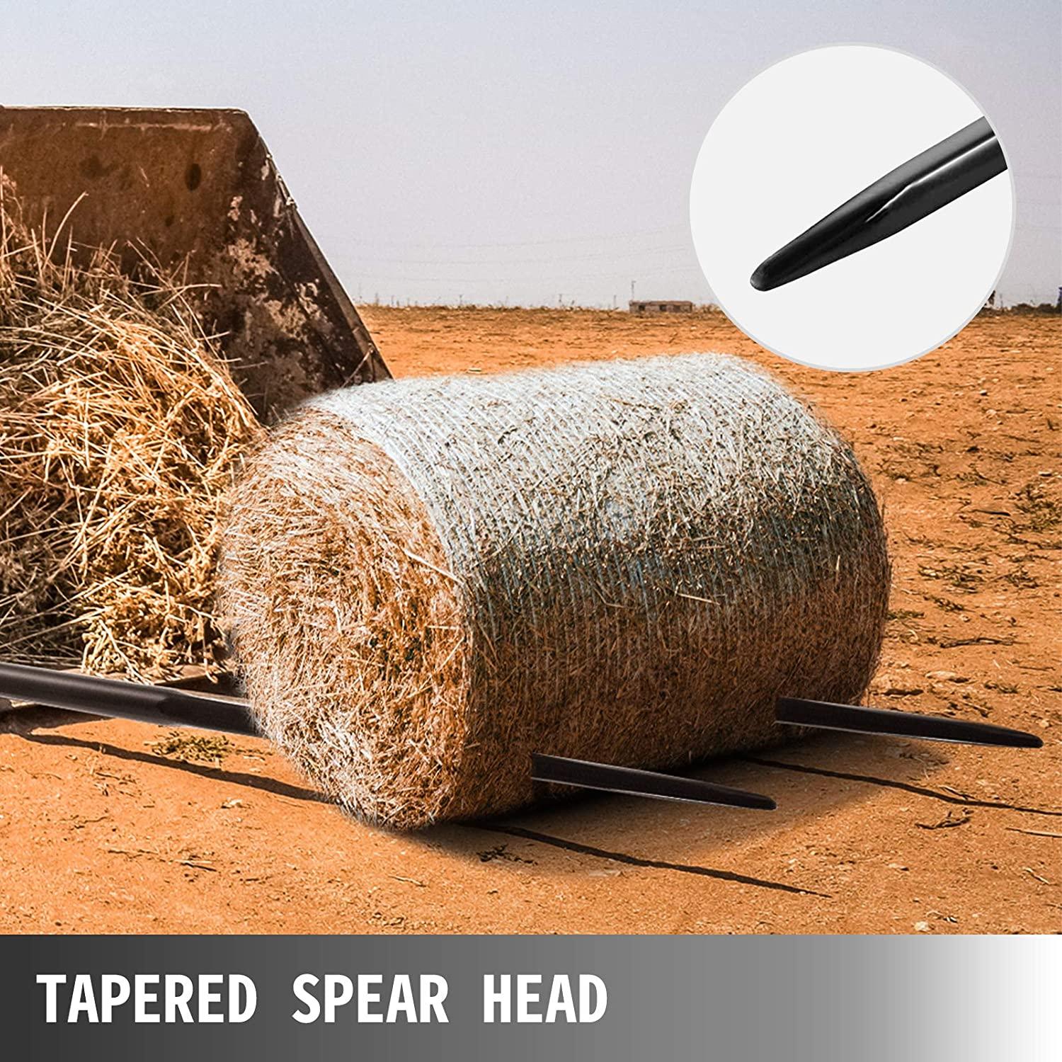mophorn hay spears, 49inch hay bale spear, 3000lbs bale hay spike, 1.75inch wide spike fork tine, black coated hay spear attachment with sleeve and nut, 1 pair for tractors loaders buckets skid-steers
