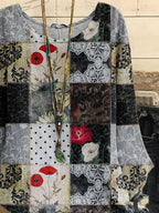 Round Neck Floral Geometric Print Loose Long-sleeved Blouse