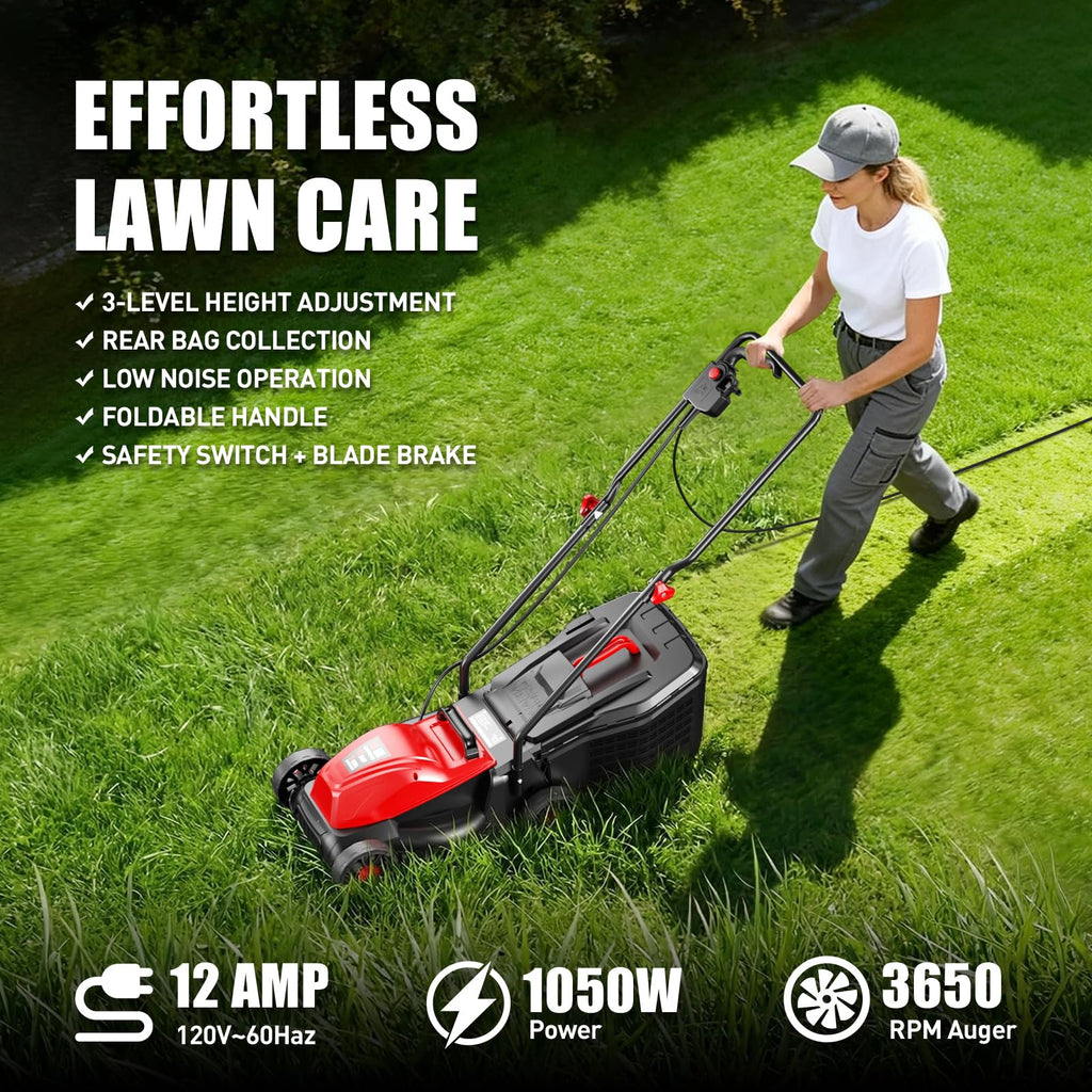 12Amp 16" Lawn Mower, 3-Position Height Adjustment, 2-in-1 Mulching &amp; Bagging, Corded Lawn Mower for Your Garden