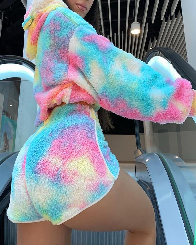 tie dye print hooded fluffy sweatshirt &amp; shorts set