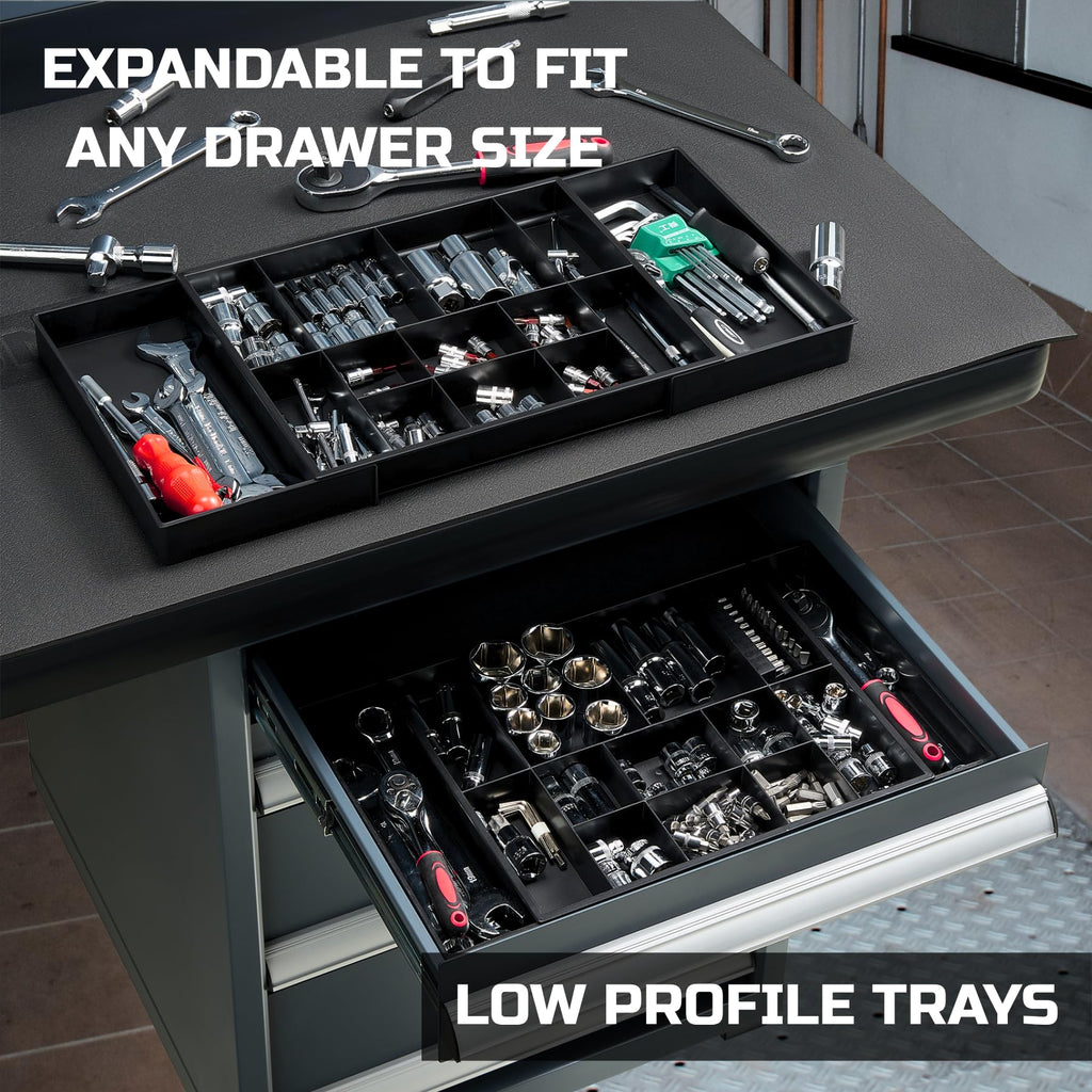 Tool Box Organizer Tray Divider Set, Expandable LarToolbox StoraTray Kit, Rolling Tool Chest Drawer Bins, Hardware Screwdrivers Pliers Organization, 2pcs low profile Trays.