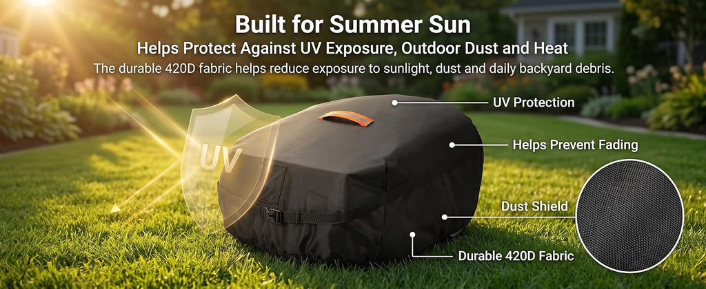 Robot Lawn Mower Cover Waterproof, 420D Outdoor Robotic Mower Cover, Black | 420D waterproof fabric, backyard robotic mower storafor rain snow dust sun, webbing strap,  buckle, elastic hem, vent