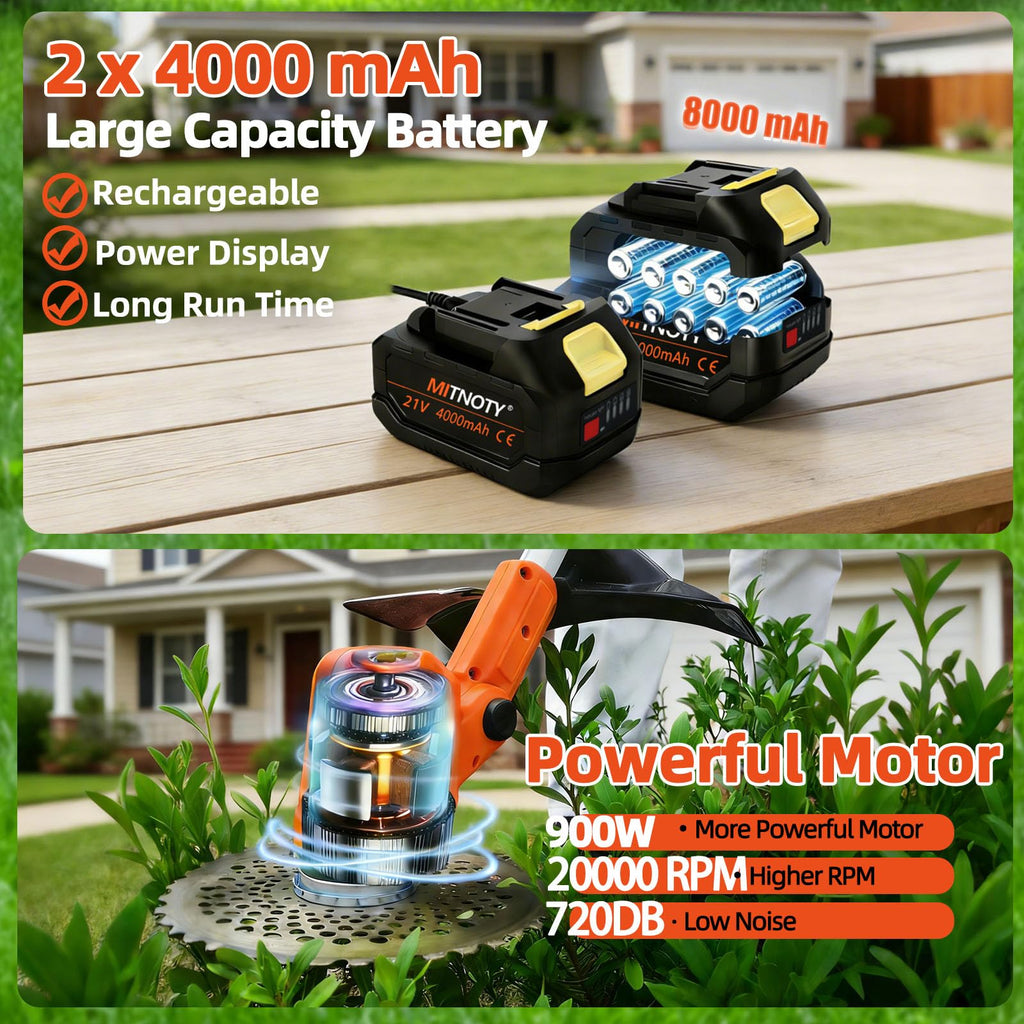 3-in-1 Electric Weed Wacker, Battery Powered Weed Eater with 2 x 4.0Ah Batteries, 900W Brushless Motor Grass Trimmer/Lawn Mower/Brush Cutter, with LCD Display &amp; 3 Types Blades for Yard and Garden